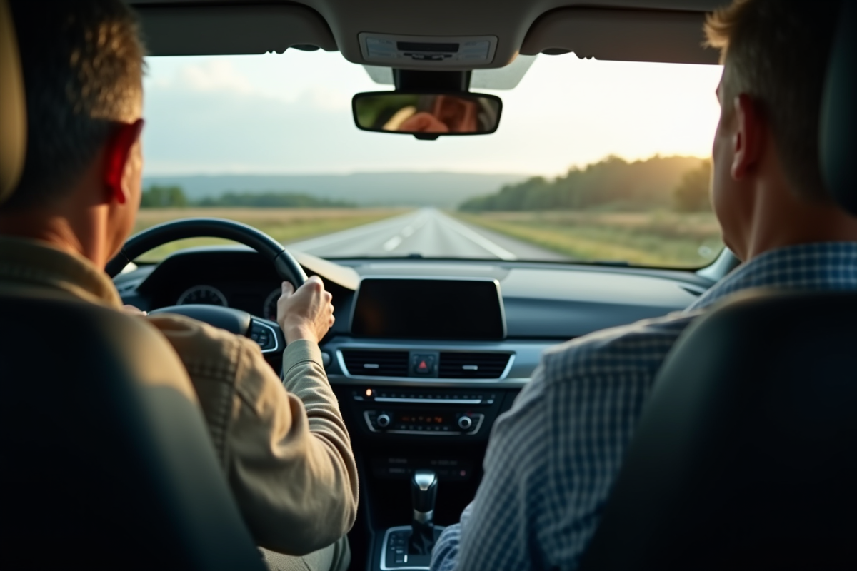 Homme d'âge moyen conduisant sur l'autoroute dans une voiture moderne