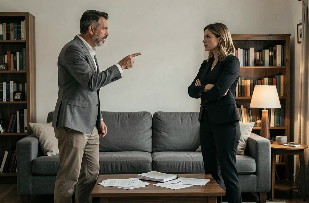 Confrontation tendue entre un homme et une femme dans un salon illustrant une scène de conflit avec un pervers narcissique franchissant une limite relationnelle