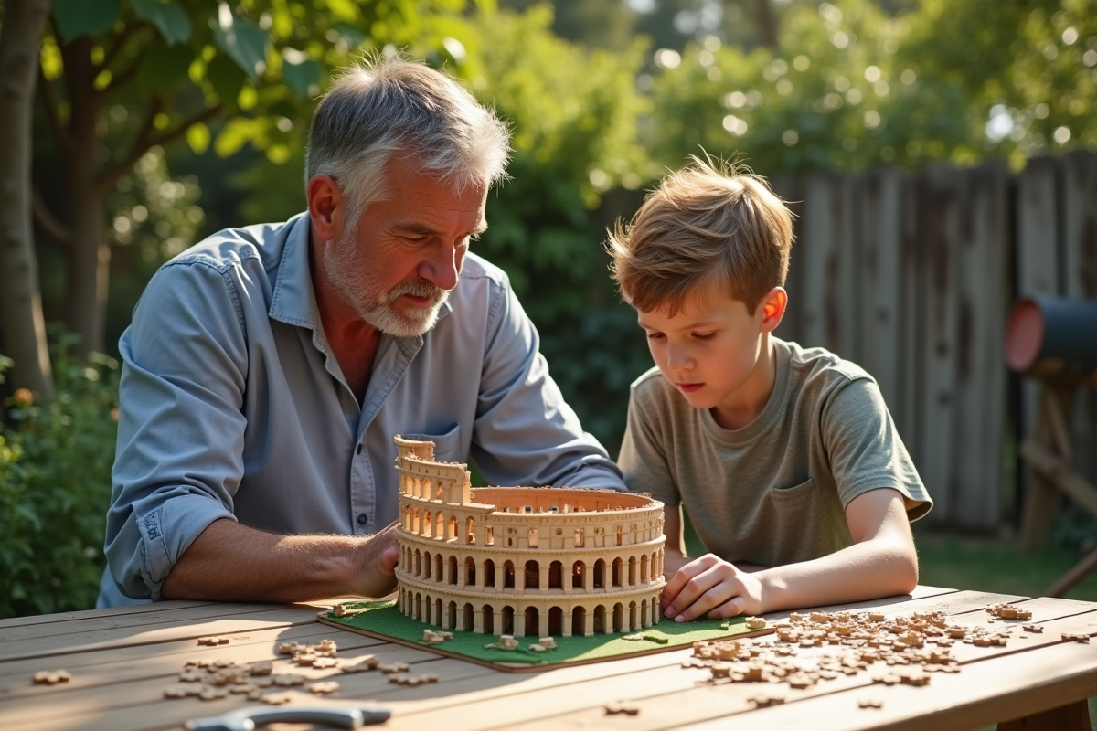 Père et enfant construisent un puzzle du Colisée en extérieur en famille
