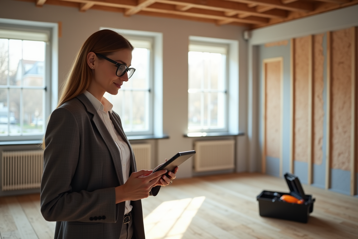 Consultante en energie inspectant un salon en rénovation lumineuse