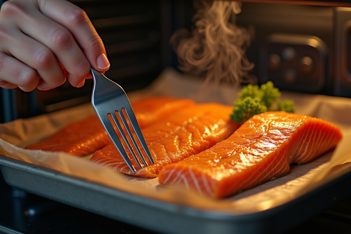 Main vérifiant la cuisson du saumon au four avec une fourchette