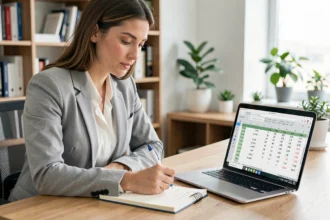 Femme en blazer gris calculant des conversions d'heures en décimal sur un cahier et un ordinateur portable dans un bureau moderne