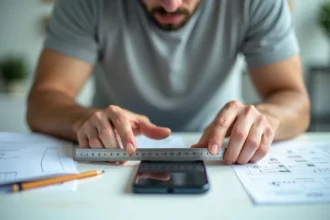 Homme mesurant un écran de smartphone avec une règle graduée en pouces et centimètres sur un bureau en bois blanc