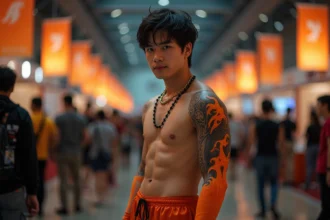 Cosplayer incarnant Portgas D'Ace en costume détaillé lors d'une convention anime en 2026