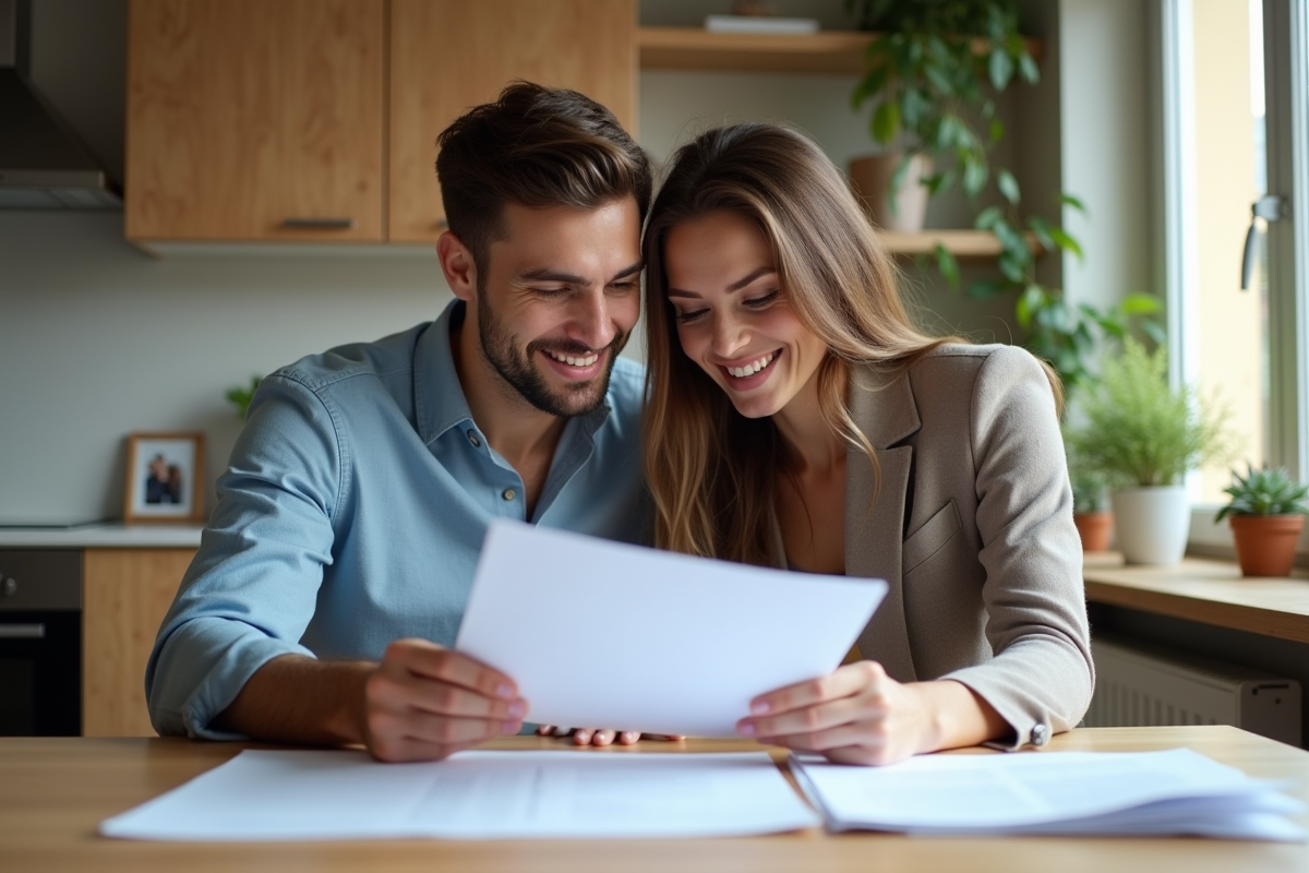 Jeune couple en réunion pour adoption dans un appartement moderne