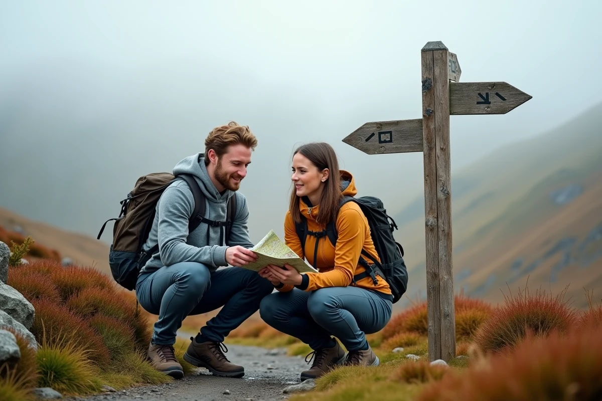 Couple de randonneurs comparant une carte et un panneau indicateur sur le plateau volcanique du Massif Central