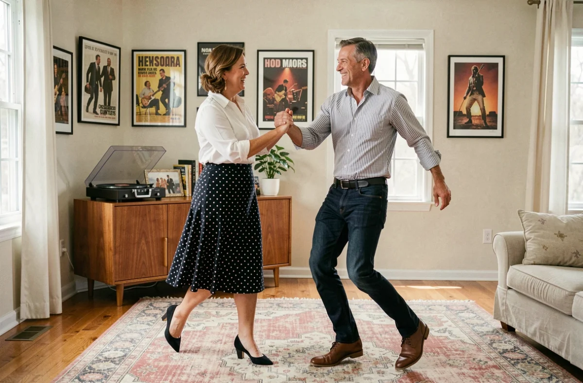 Couple dansant le madison dans un salon vintage avec tourne-disque et décoration rétro
