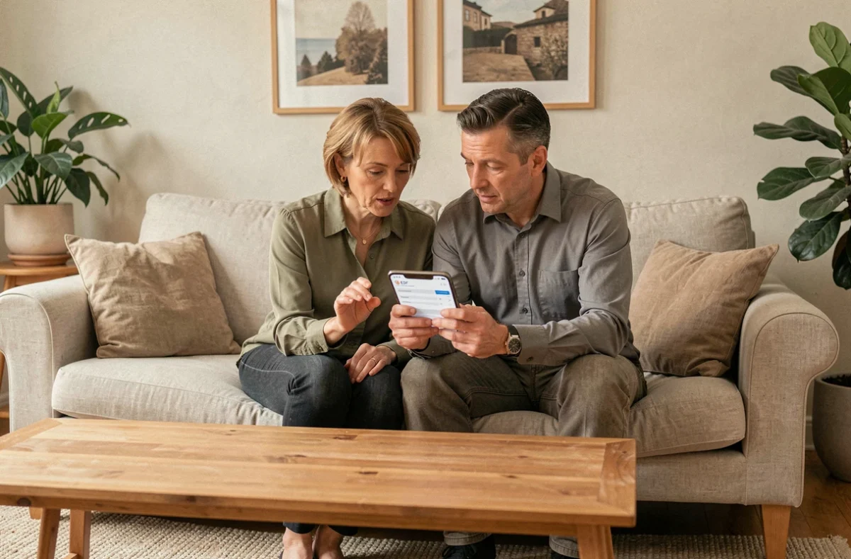 Couple passant en revue les nouvelles fonctionnalités du compte client EDF enr sur smartphone dans leur salon