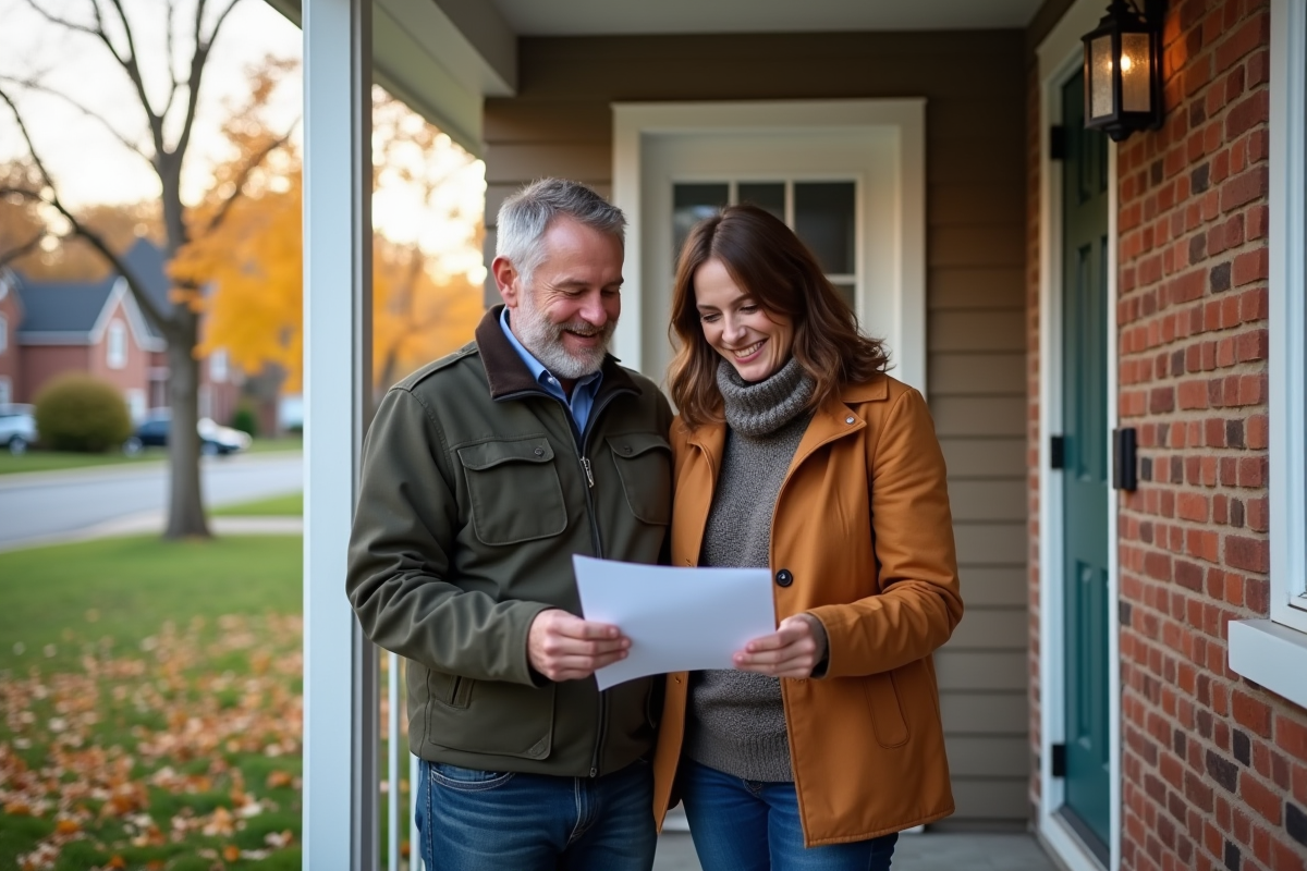 Couple devant maison canadienne en automne