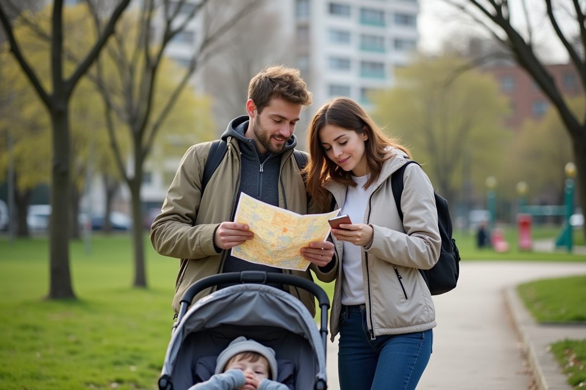 Jeune couple avec enfant dans un parc urbain