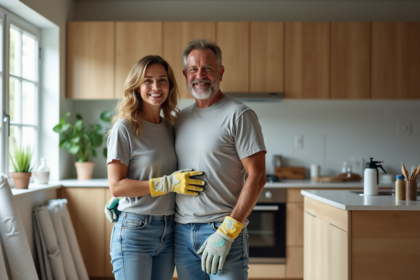 Couple en rénovation de cuisine moderne avec isolation et fenêtres