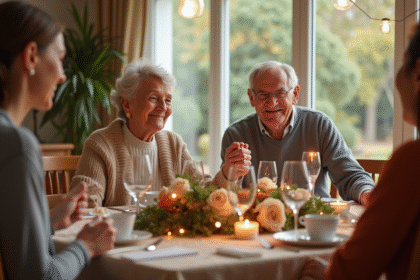 Couple senior souriant lors d un repas familial chaleureux