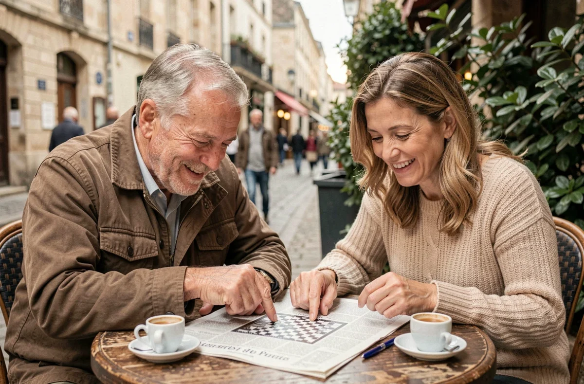Couple de seniors résolvant ensemble des mots croisés avec anagrammes dans un café de rue français