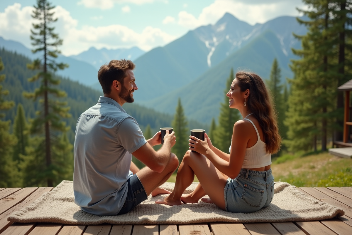 Jeune couple souriant sur une terrasse avec vue montagne