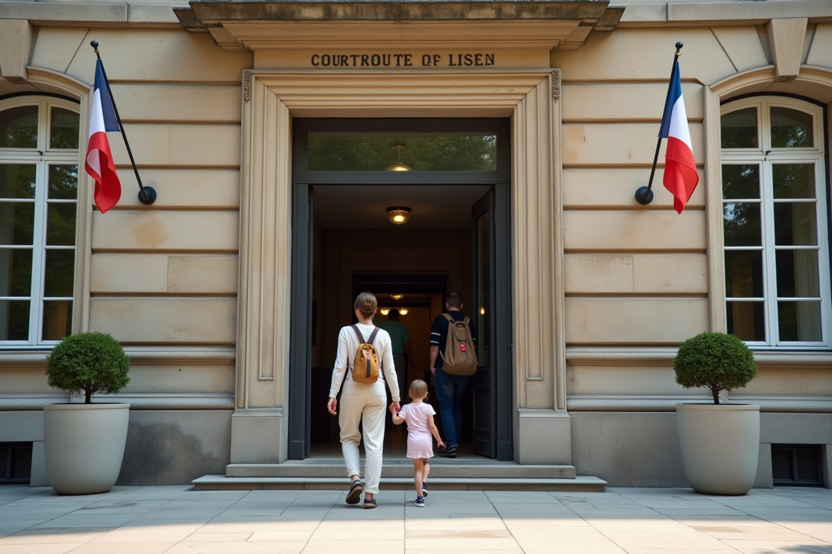 Famille devant le tribunal français un jour ensoleille
