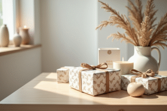 Arrangement de cadeaux scandinave sur une table lumineuse