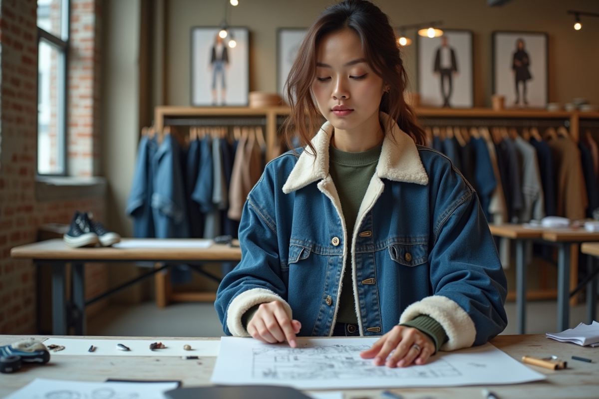 Femme créatrice de streetwear dans son atelier lumineux
