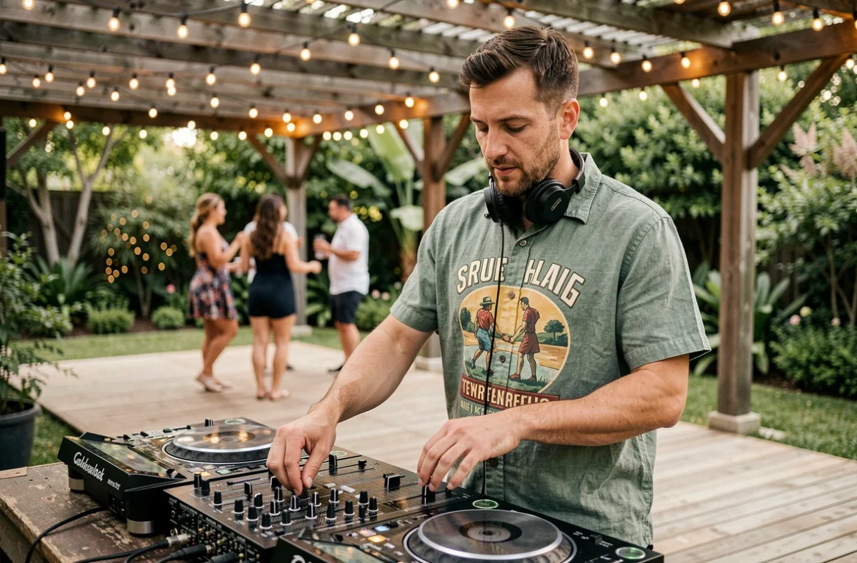 DJ sélectionnant des vinyles pour animer une soirée madison en plein air lors d'un événement estival