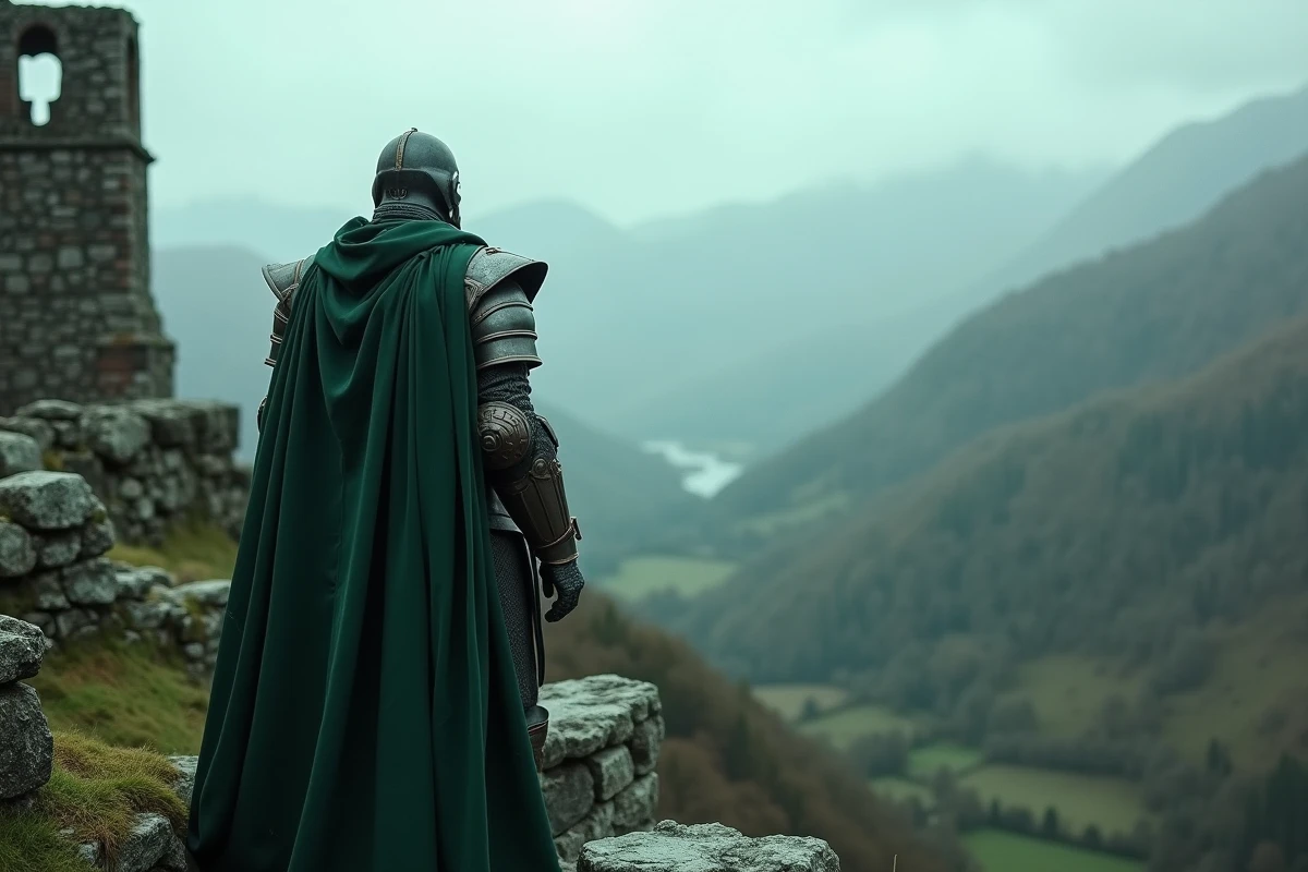 Cosplay de Doctor Doom Marvel debout dans des ruines de forteresse médiévale avec paysage montagneux brumeux