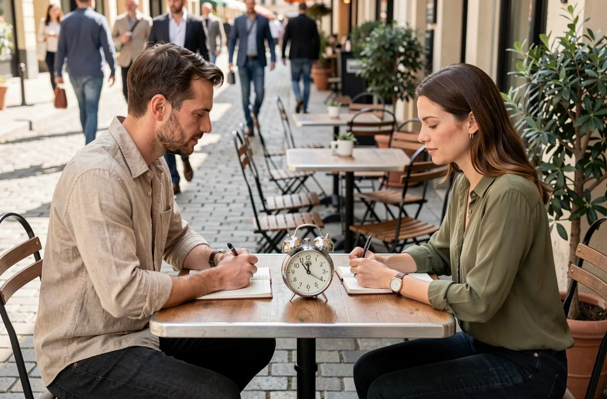 Deux adultes en session d'étude à une terrasse de café avec un minuteur réglé sur 90 minutes pour mémoriser efficacement