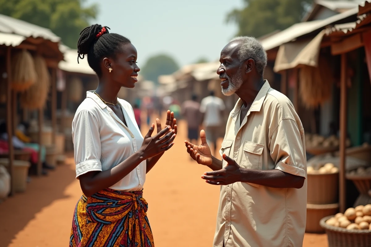 Jeune femme et ancien béninois échangeant sur la signification culturelle et l'origine du terme Kayakobémé dans un marché traditionnel