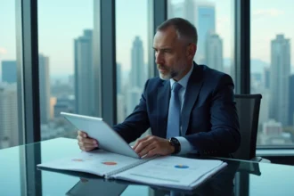 Economiste homme en costume analyse documents financiers