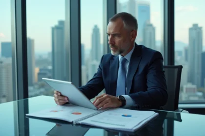 Economiste homme en costume analyse documents financiers