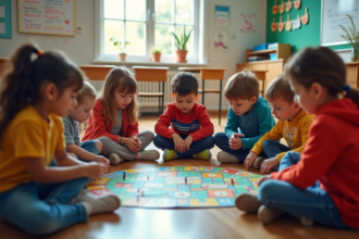 Groupe d enfants en classe jouant à un jeu coopératif