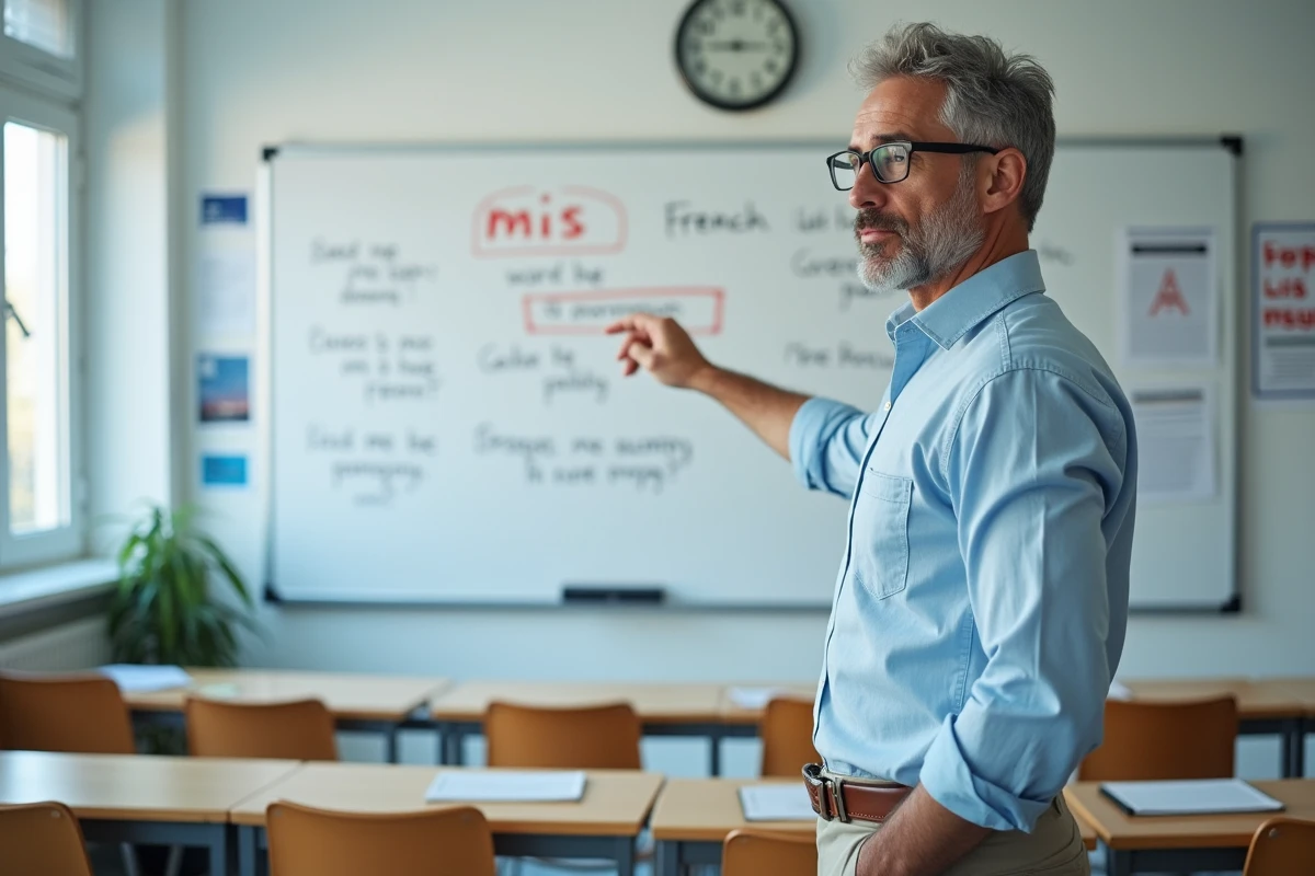 Enseignant montrant la conjugaison du verbe mettre sur un tableau blanc dans une salle de classe, avec les mots mis et mit encerclés