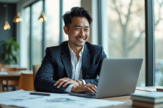 Entrepreneur asiatique confiant au bureau lumineux