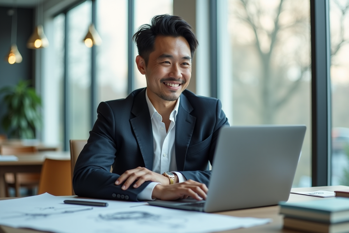 Entrepreneur asiatique confiant au bureau lumineux