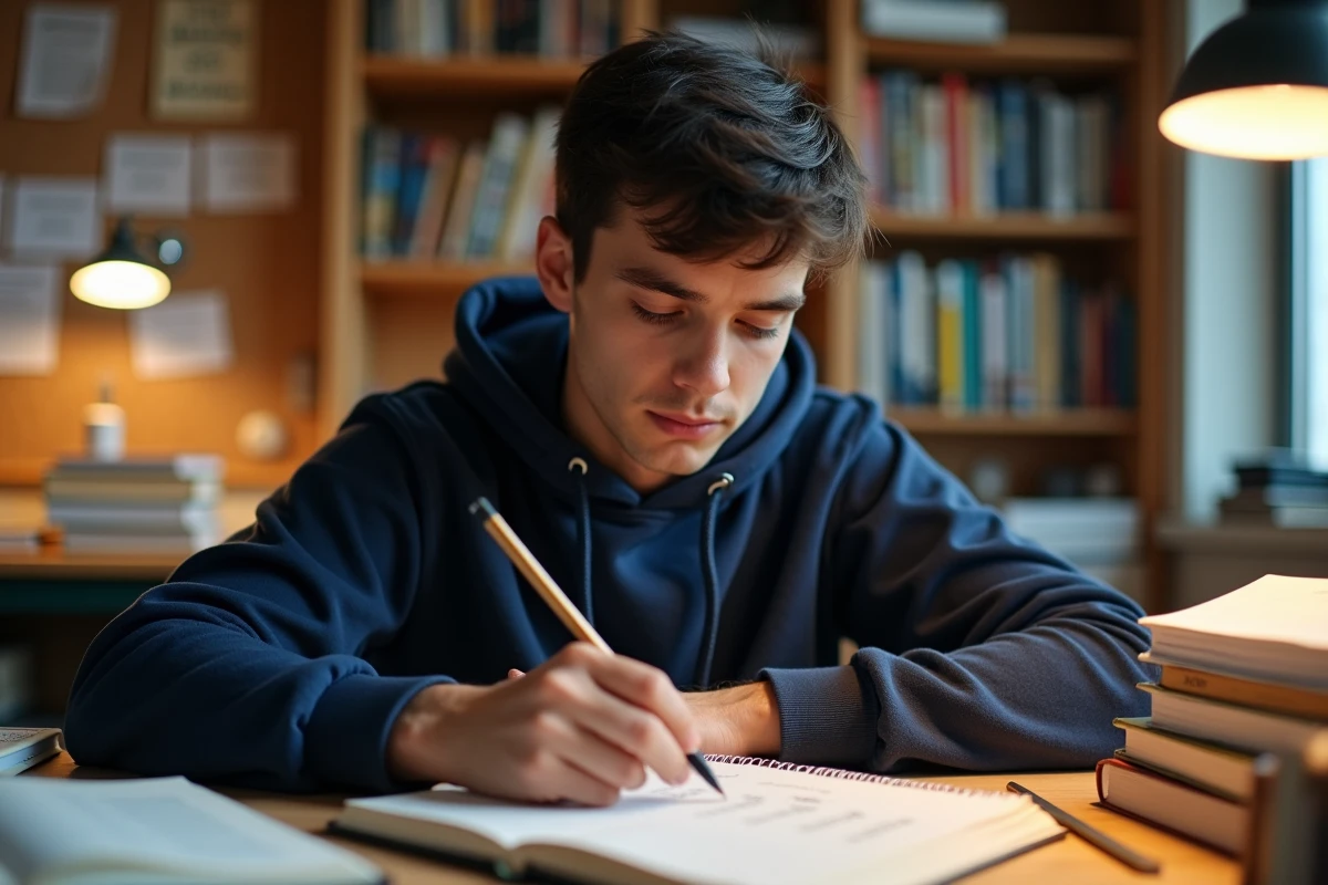 Étudiant travaillant avec un tableau de conversion litre cm3 sur son bureau de chambre universitaire