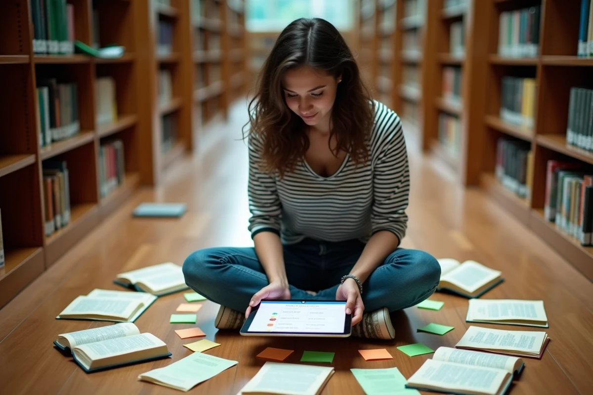Étudiante entourée de livres de vocabulaire et de notes organisées en carte mentale dans une bibliothèque universitaire