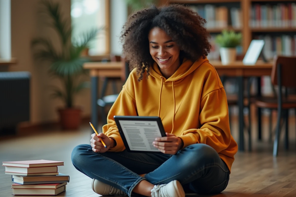 Étudiante lisant un document scanné sur tablette dans une bibliothèque universitaire avec réglages optimisés