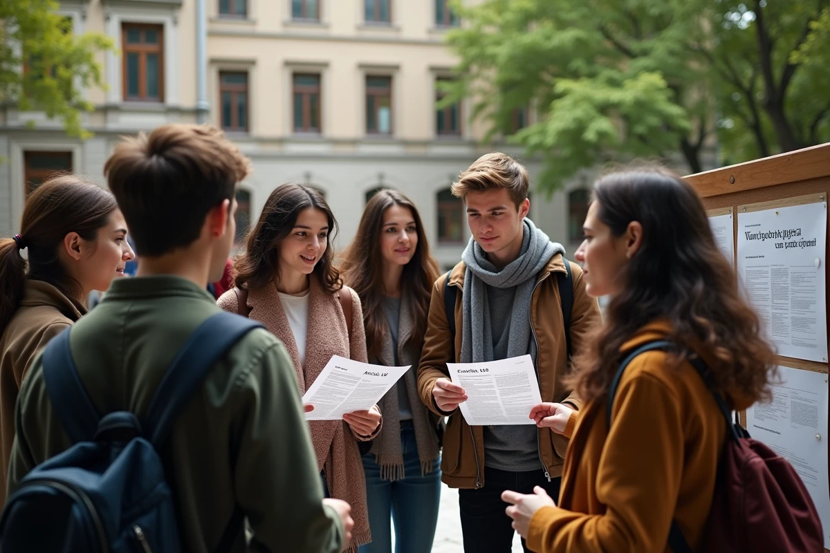 Jeunes étudiants discutant autour d un panneau d affichage