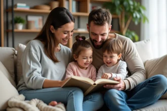 Famille souriante lisant un livre ensemble à la maison