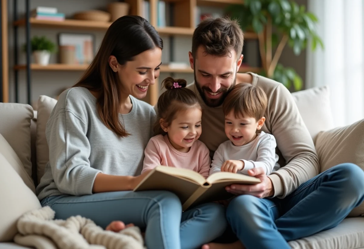 Famille souriante lisant un livre ensemble à la maison
