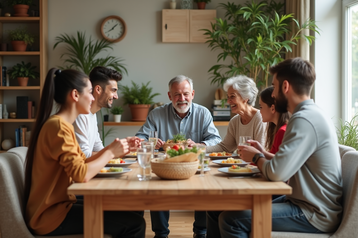Famille multigenerations partageant un repas convivial