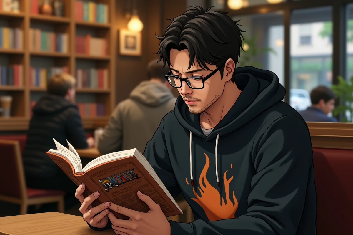 Fan de One Piece lisant un tome de manga dans un café urbain, plongé dans l'histoire de Portgas D'Ace