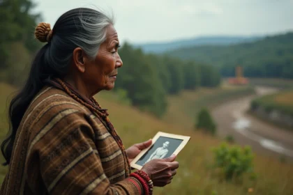 Femme indigene âgée en vêtements traditionnels regardant la nature