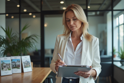 Femme d'affaires examinant des documents dans un bureau immobilier