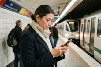 Femme consultant les alertes trafic RATP sur son smartphone dans le métro parisien