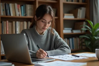 Femme concentrée analysant des indices de mots sur un ordinateur portable avec des notes manuscrites sur un bureau en bois
