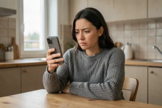 Femme consultant un appel inconnu avec indicatif 05 sur son smartphone dans une cuisine moderne