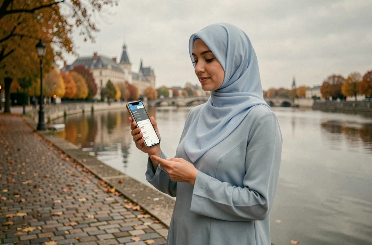 Femme consultant les heures de prière sur smartphone au bord de la Garonne à Agen
