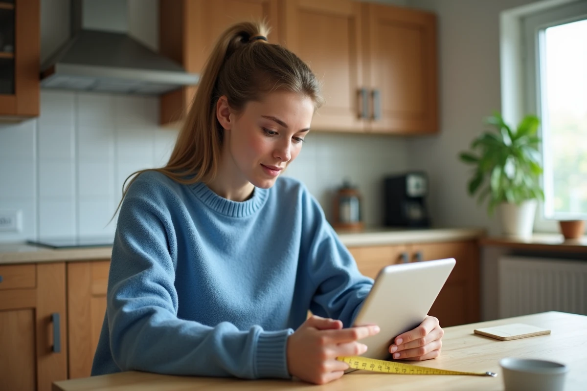 Femme utilisant une règle pour mesurer un tuyau en plastique à la maison
