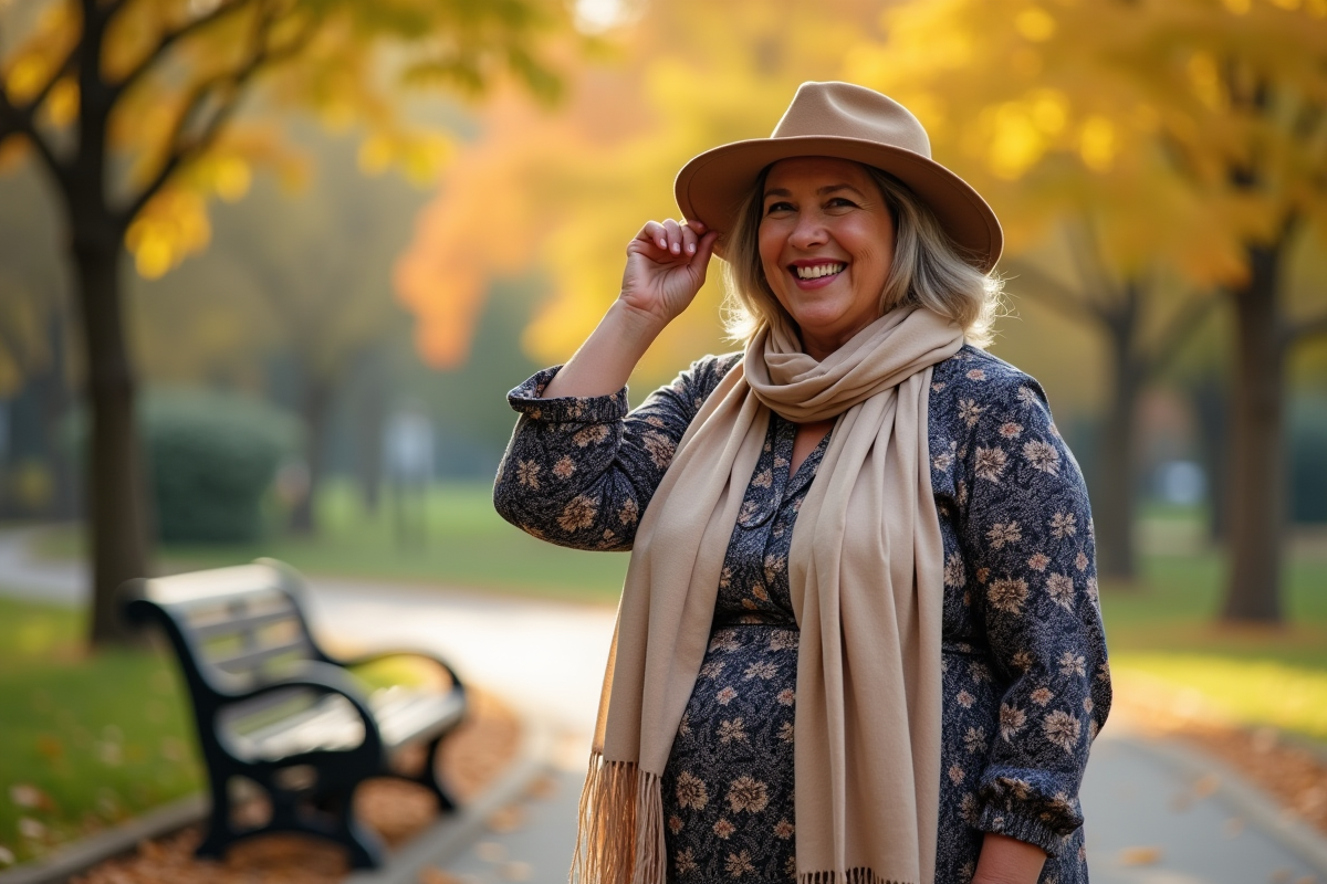Femme élégante en robe fluide dans un parc automnal