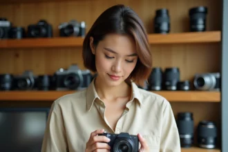 Femme tenant un appareil photo compact dans une boutique photo professionnelle, comparant les modèles disponibles