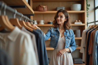Femme élégante examine un vêtement en boutique de mode