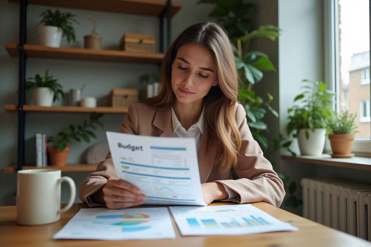 Femme en train d'étudier des graphiques financiers dans un appartement moderne